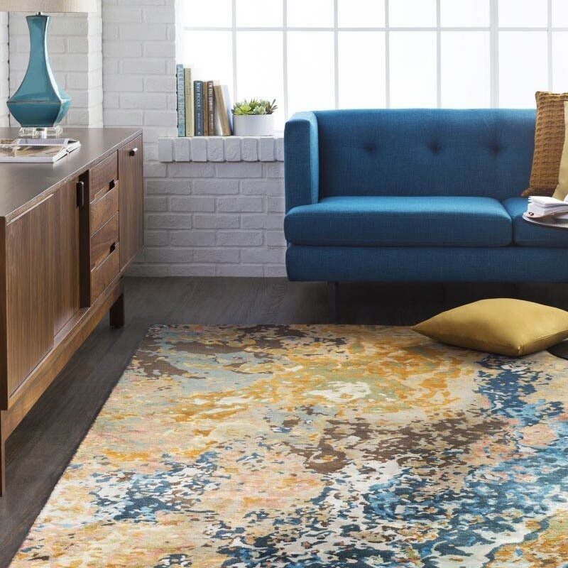 Colorful abstract rug in mid-century living room