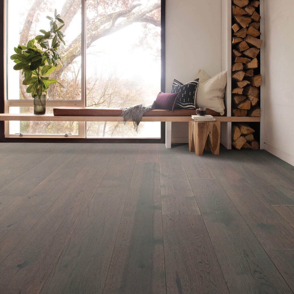 Dark matte hardwood floor in bench seating area
