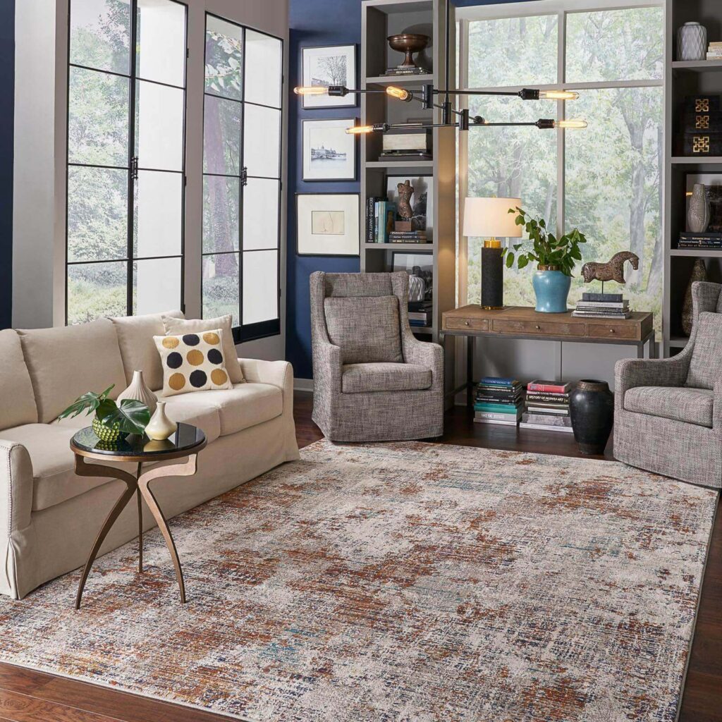 Neutral distressed rug in bright living room