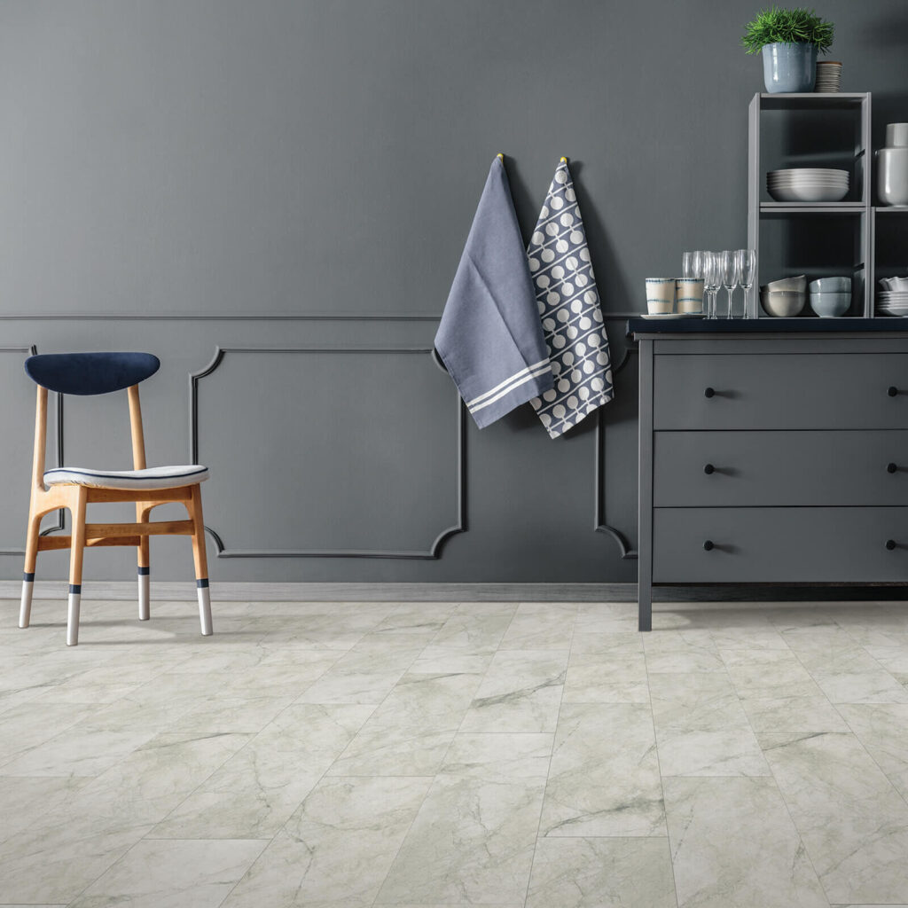 Beige laminate flooring in modern kitchen
