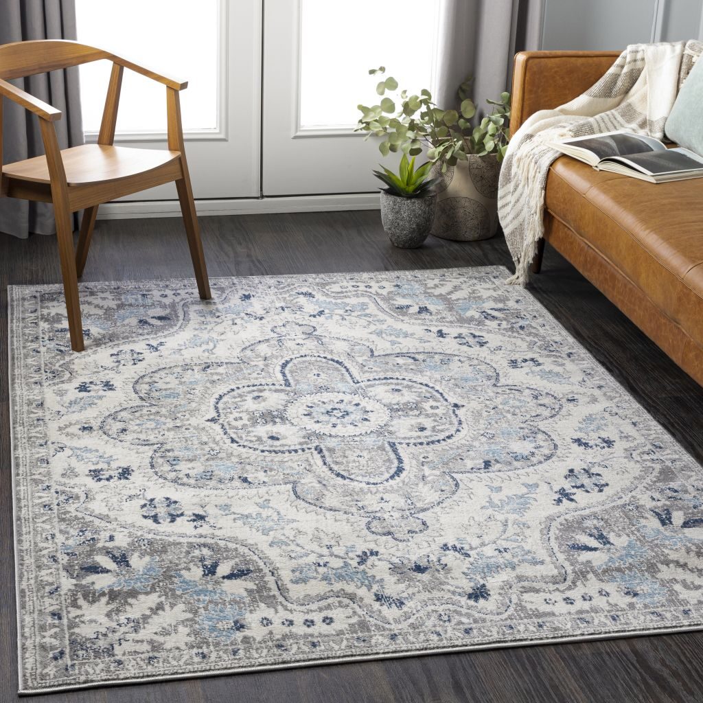 Blue and white traditional patterned rug